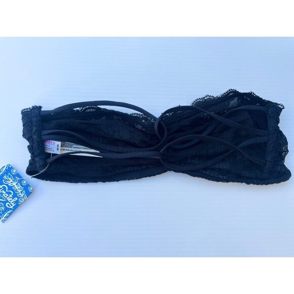 Free People XS Black Lace Strapless Floral Bandeau Bra Wireless Boho Stretch - Picture 2 of 9
